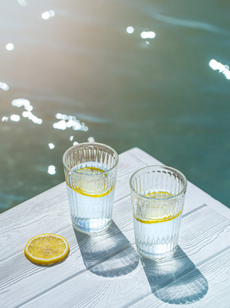 Two glasses of mineral water with lemon on a white table against the background of a blurred blue sea with bokeh light. Top viewの写真素材