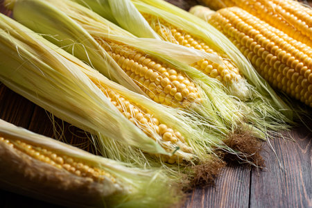 Fresh corn cobs on rustic wooden table. Close up. Top view.の写真素材