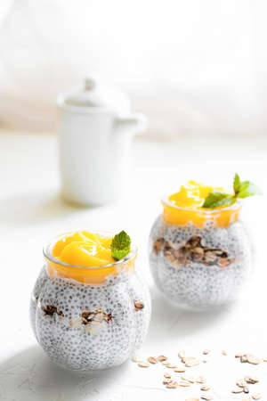 Healthy Chia Pudding with Coconut Milk, mango, chia seeds, granola in a Glass. Concept of healthy eating, healthy lifestyle, dieting, fitness menu.の写真素材