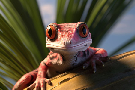 Young pink lizard sitting on a tree against tropical greenery background. Close-upの素材