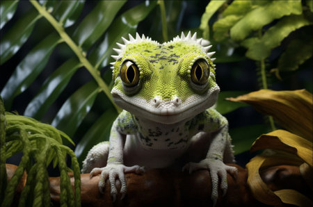 Young green lizard sitting on a tree against tropical greenery background. Close-upの素材