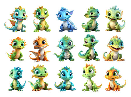 A set of cute colorful cartoon dinosaurs on white backgroundの素材