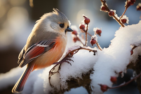 The Tufted Titmouse sits on a tree branch on a winter sunny day. Front viewの素材