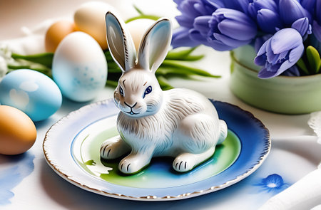 Porcelain plate with decorative rabbit for easter eggs. Happy Easter. Close-up. Front viewの素材