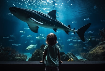 A little boy watches a tiger shark swimming in a huge aquarium.の素材