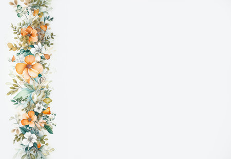White and orange wildflowers as a frame on a light grey background. Hand-drawn watercolor illustration on a white backgroundの素材
