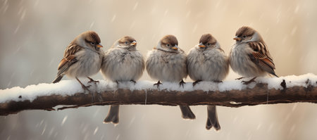 Sparrows sit on a branch, cuddling up to each other, warming each other on a cold day. World Sparrow Day. International Bird Day, National Bird Dayの素材