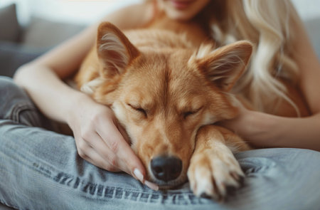 A woman caresses a cute ginger dog, sleeping on her lap. Close-up. Trust, calmness, care, friendship, the concept of love.の素材