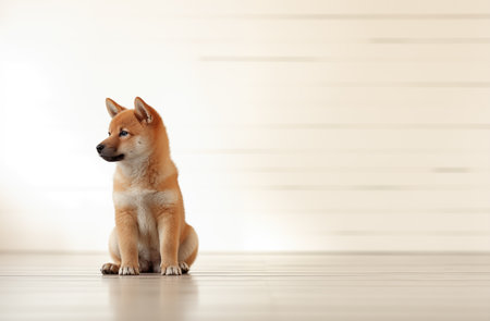 A small, red-haired Shiba Inu puppy sits in a bright room, looks to the leftの素材