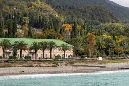 New Athos, Abkhazia - October 20, 2021. View of Kamarit beach with building , palm trees, mountains and the Black sea.の写真素材