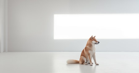 A red-haired Shiba Inu sits in a bright room, looks to the rightの素材