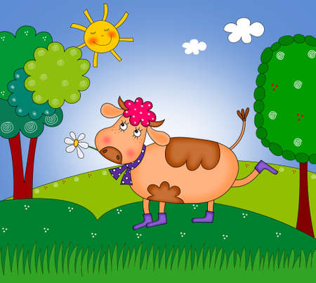 happy cow walking on the meadowの写真素材