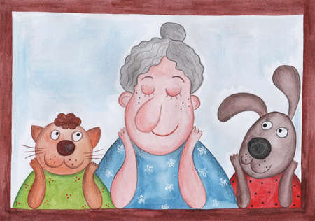 Lady and pets sitting at the windowの写真素材