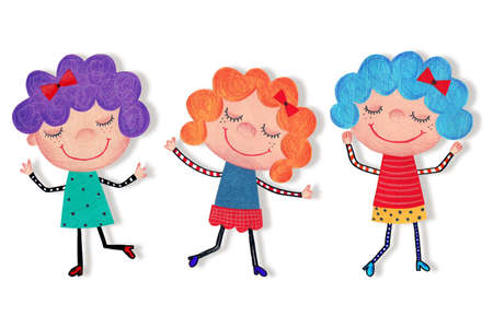 Girls. Cartoon characters. Watercolors on paperの写真素材