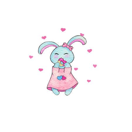 Cute little bunny girl eat donut in the shape of heart lovely cartoon Valentines designの写真素材
