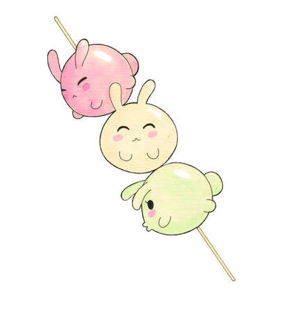 Japanese sweets dango lollipop in the shape of little round sweet bunnies adorable cartoon designの写真素材