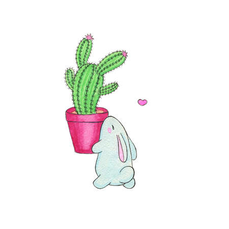 Adorable love story between kawaii rabbit and cactus in the shape of bunny girl. Lovely romantic cartoon designの写真素材