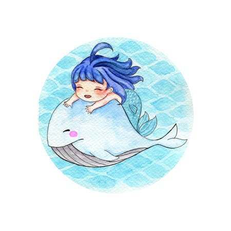 Cute mermaid girl hug baby whale. Adorable sea friendship designの写真素材