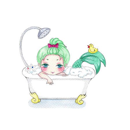 Young lovely mermaid enjoying the bath full of foam, with rubber ducky on her tail. Adorable cartoon designの写真素材