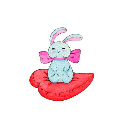 Adorable little rabbit gift on pillow in the shape of heart. Lovely Valentines designの写真素材