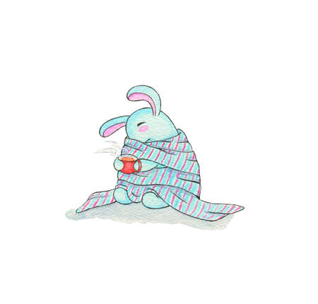 Frozen cute bunny wrapped in long striped scarf drinking hot teaの写真素材