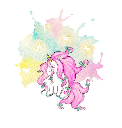 Cute sleepy unicorn with little ribbons in his curly mane lovely fantasy hand drawn designの写真素材