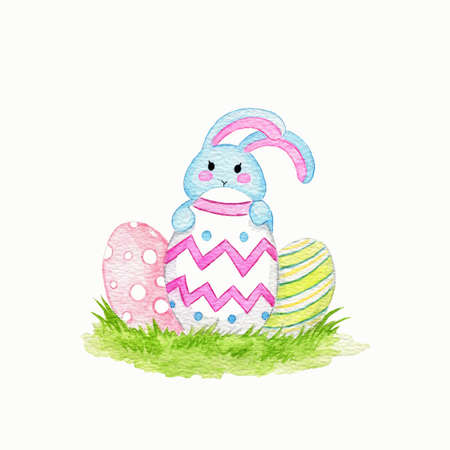 Adorable watercolor Easter bunny hugs colorful eggs, cute watercolor hand drawn illustrationの写真素材