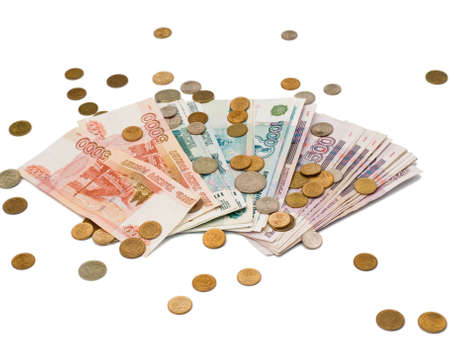 Russian monetary banknotes and coins of different dignity on a white background, isolatedの写真素材