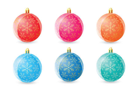 Set of six colored Christmas balls with snowflakes on white backgroundのイラスト素材