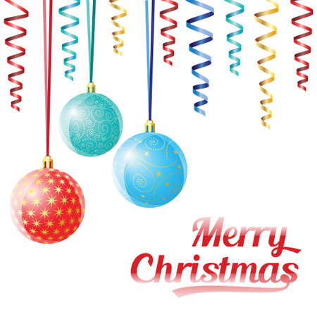 Christmas card, decorative Christmas balls on ribbonsのイラスト素材