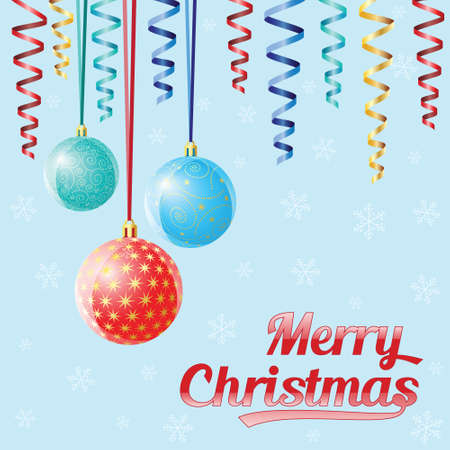 Christmas card, decorative Christmas balls on ribbonsのイラスト素材