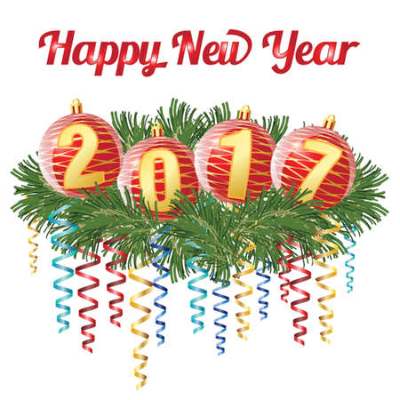 Red Christmas balls witn digits 2017 laying on conifer branch with serpentine, isolated on white background.のイラスト素材