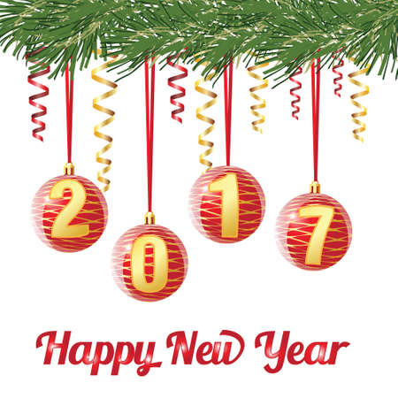 Vector greetings card, decorative Christmas balls on ribbons on xmas treeのイラスト素材