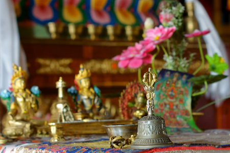 Golden buddha statue in temple, closeup of photo