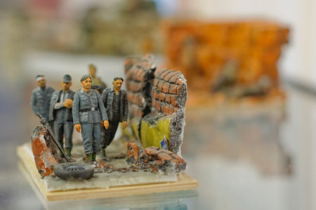 miniature soldiers at the military base on the background of the museumの写真素材