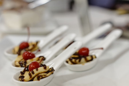 Catering buffet for events and parties. Desserts in spoonsの写真素材
