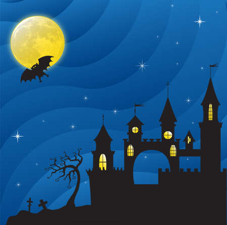 Creepy Gothic castle in the moonlight. Near the cemetery.のイラスト素材