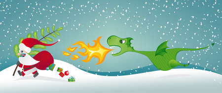 Santa Claus escaping from a fire-breathing dragonのイラスト素材