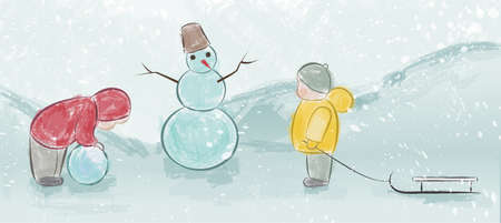 Two children playing outside in the winterのイラスト素材