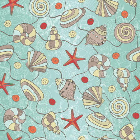 Hand drawn seamless pattern with shells and starfish  EPS 8 vector illustration のイラスト素材