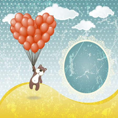 Cute teddy bear with a balloon  illustration in vintage styleのイラスト素材