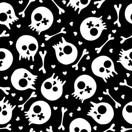 Black and white seamless pattern with skulls and hearts  EPS 8 vector illustration のイラスト素材