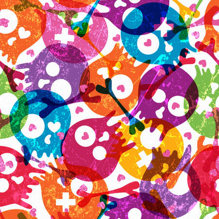 Multicolor seamless pattern with skulls and hearts on white background illustration  Contains transparency effects のイラスト素材