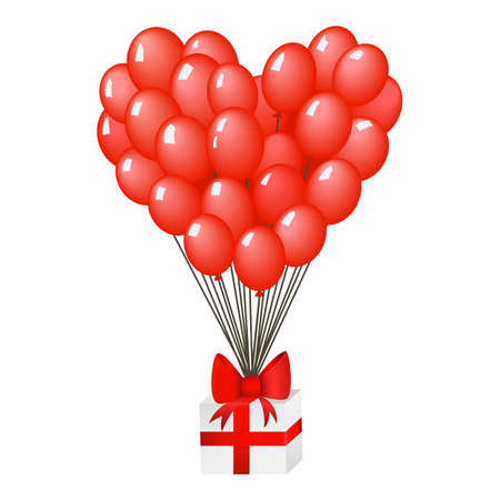 Gift box with red ribbon and heart shaped balloons illustration のイラスト素材