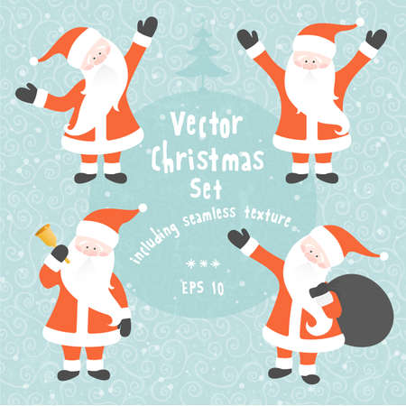 Vector Christmas set of Santa Claus in various poses and seamless texture.のイラスト素材