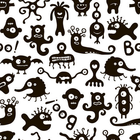 Black and white seamless background with funny monsters. のイラスト素材