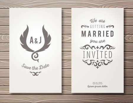 Set of elegant wedding invitations templates on wooden background. EPS10 vector illustration.のイラスト素材