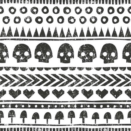 Seamless halloween pattern in tribal style. Monochrome background with grunge texture. EPS 10 vector...
