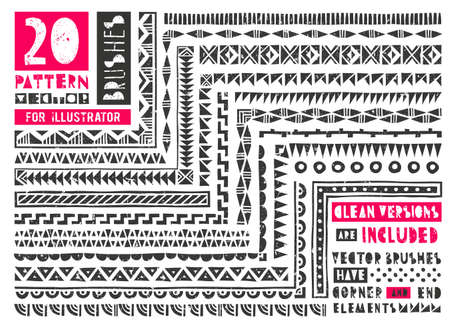 Set of 20 pattern brushes for Illustrator,  Borders collection in linocut style includes clean versions of brushes without grunge effect.のイラスト素材