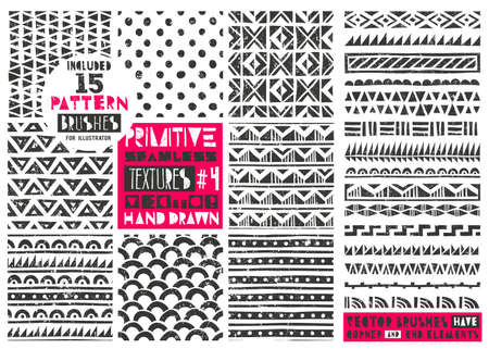 Set of 8 primitive geometric patterns collection and 15 pattern brushes for Illustrator, Modern trendy prints in linocut style.のイラスト素材